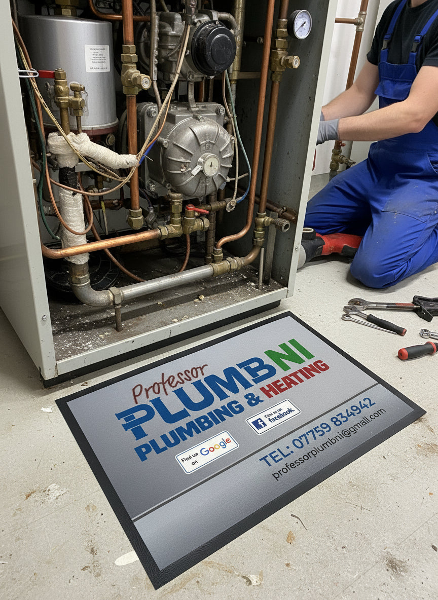 Promotional custom floor mat for Professor Plumbni Plumbing & Heating 